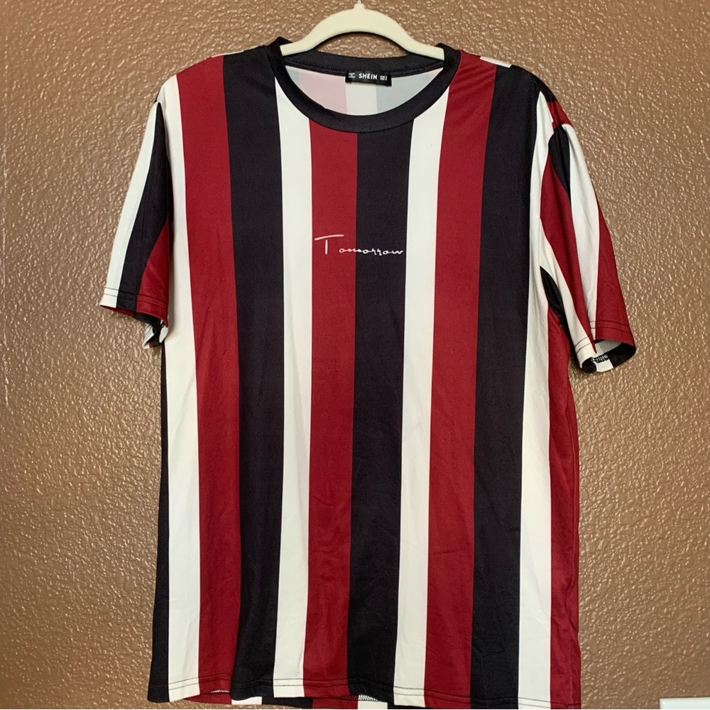 Red Black and White SHEIN Men’s Striped Shirt Small S